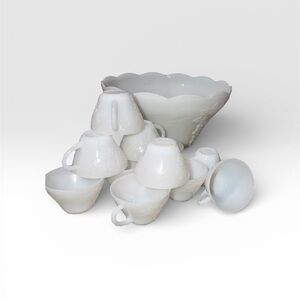 Vintage Anchor Hocking Milk Glass Punch Bowl Set